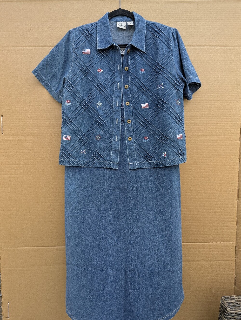 Koret City Blues Petites Denim Jean Jumper Dress & Top Set Sz L Flag 4th July